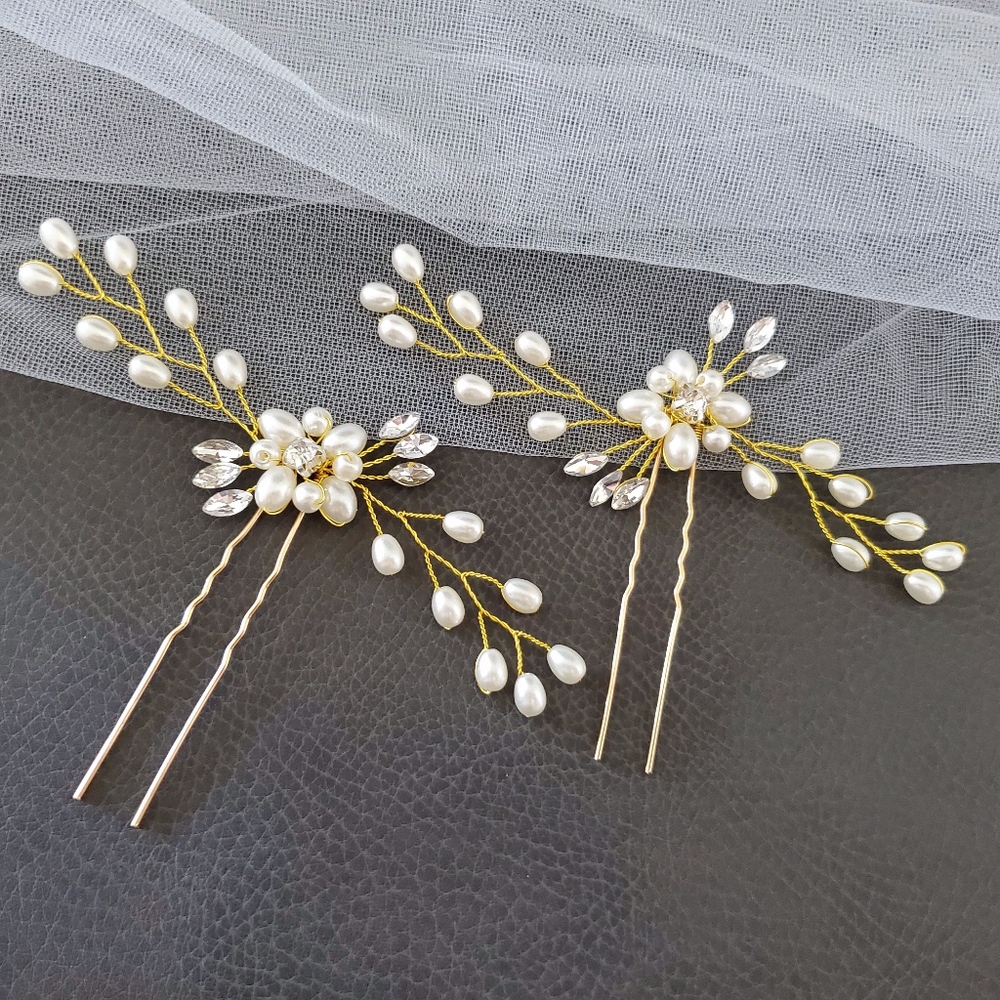 2x Bride Pearl Crystal hair Pin gold Flower Girl